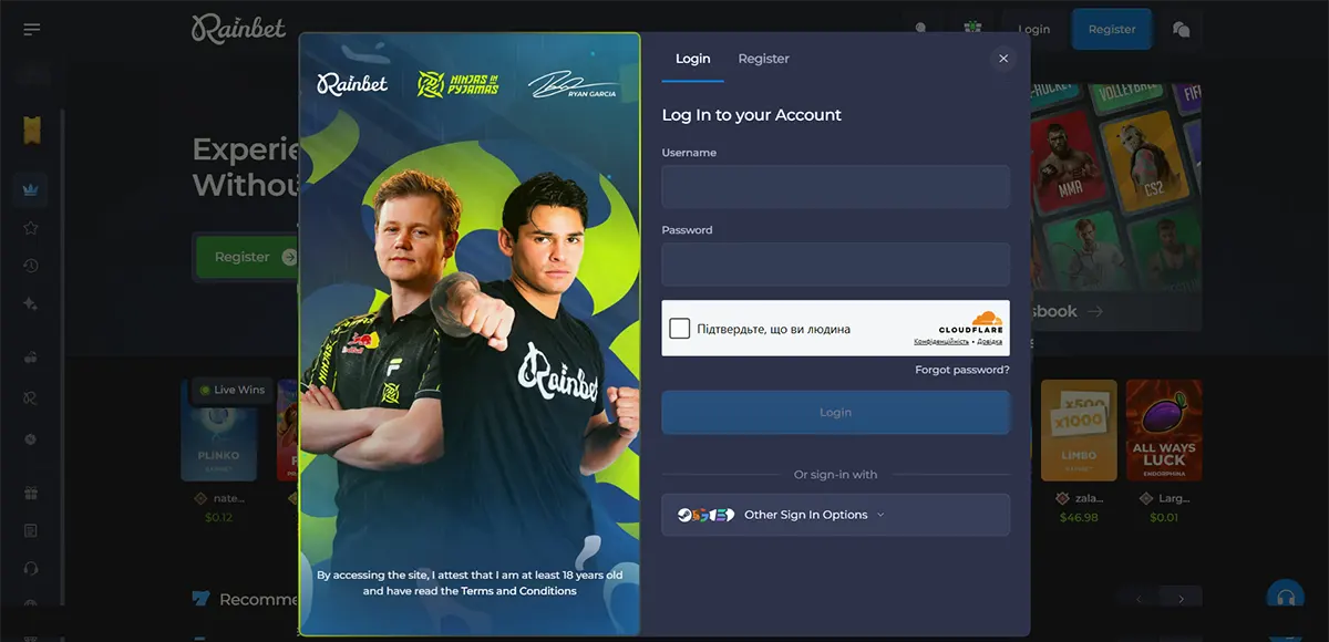 Casino login popup with a split layout featuring esports players on the left and a login form on the right, including username and password fields, CAPTCHA verification, a “Forgot password?” link, and a login button with additional sign-in options below.
